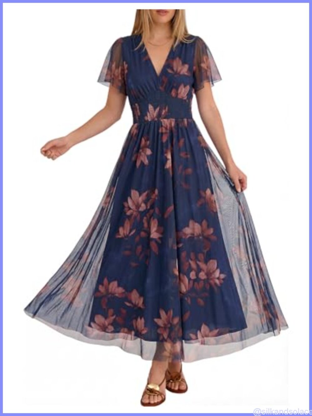 Women's Floral Tulle Wedding Guest Maxi Dress Short Sleeve V-Neck